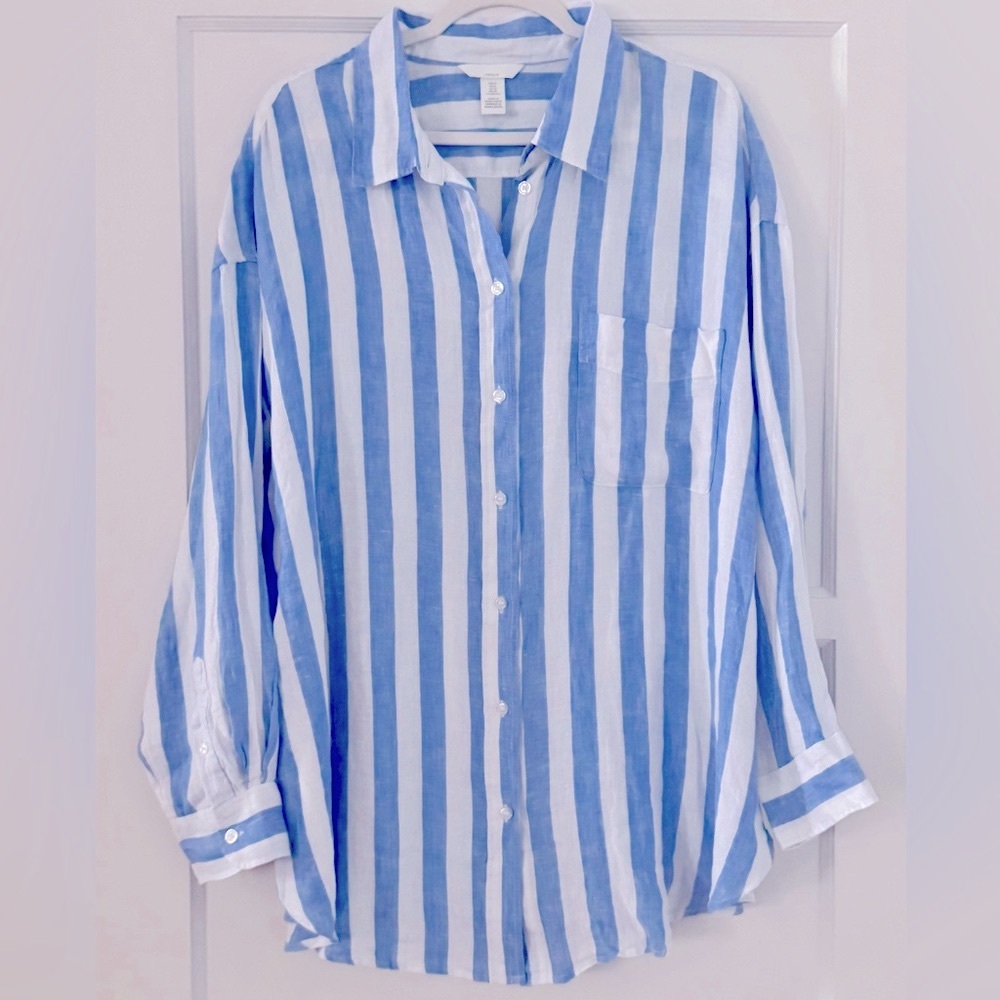 H&M 100% Linen XL Woman’s Baby Blue & White Stripped Button-down Shirt